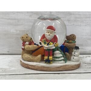 VTG Santa Christmas Presents Teddy Bears Water Globe Mini Snowglobe Wooden Base